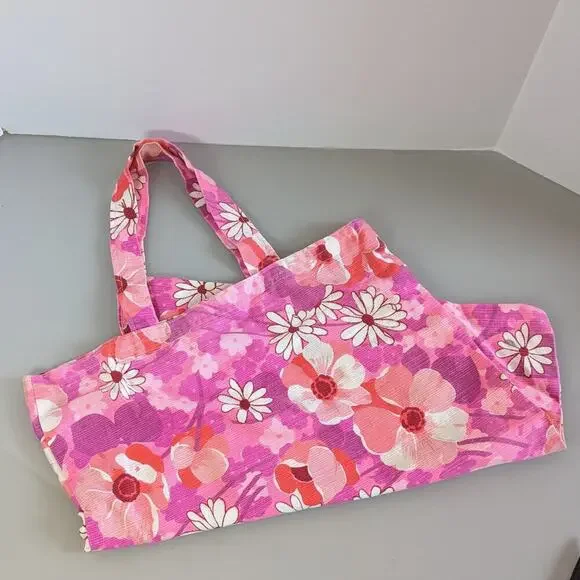 Bright Pink Floral Poppy Daisy Retro Print Fabric Tote Bag Unbranded - Picture 3 of 4